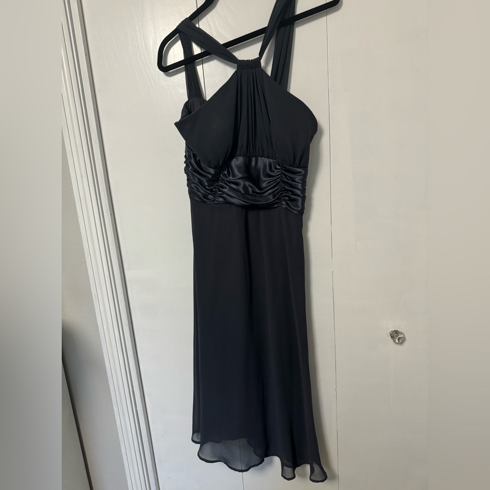 Charcoal gray formal midi dress.